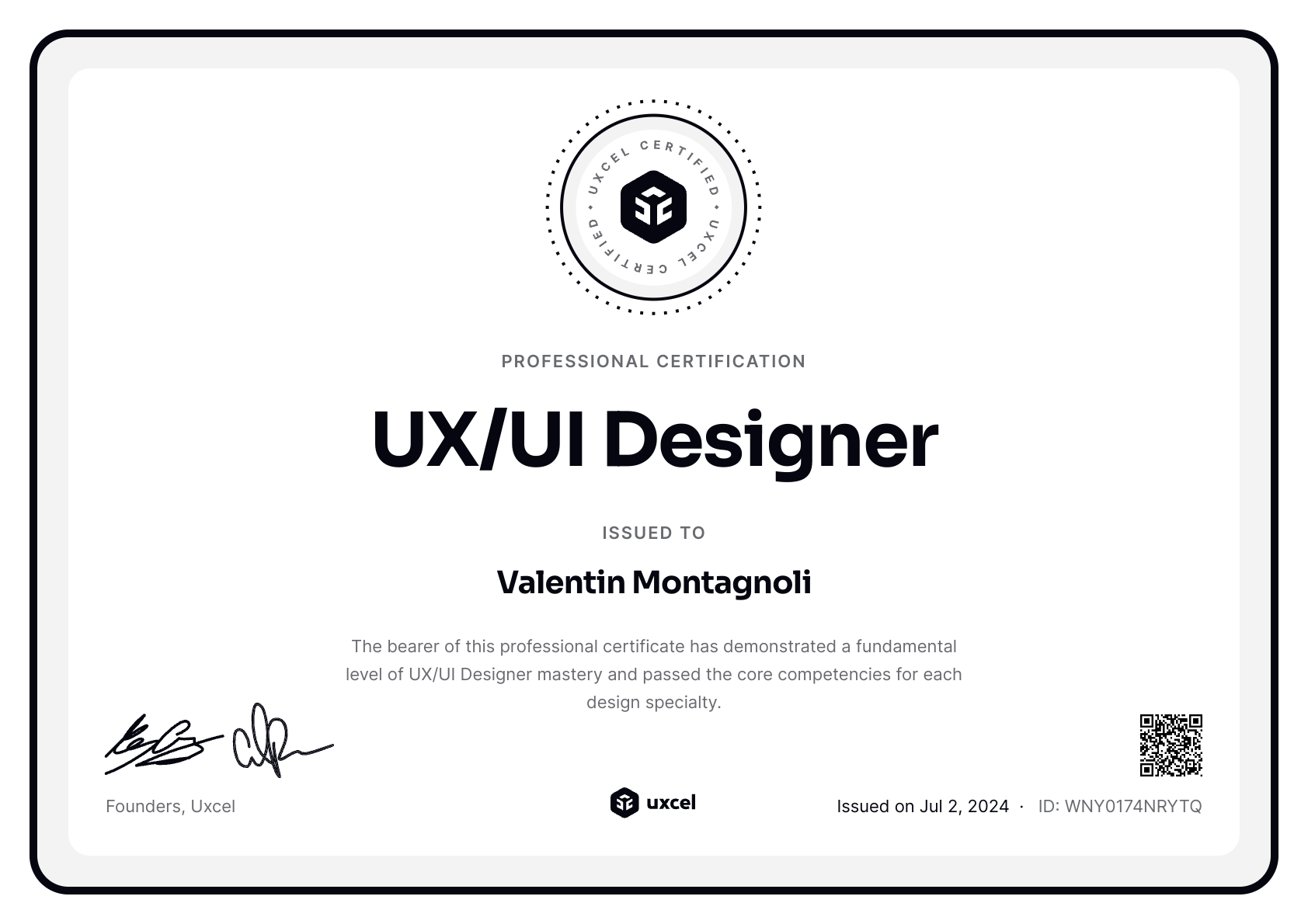 Valentin Montagnoli's certificate